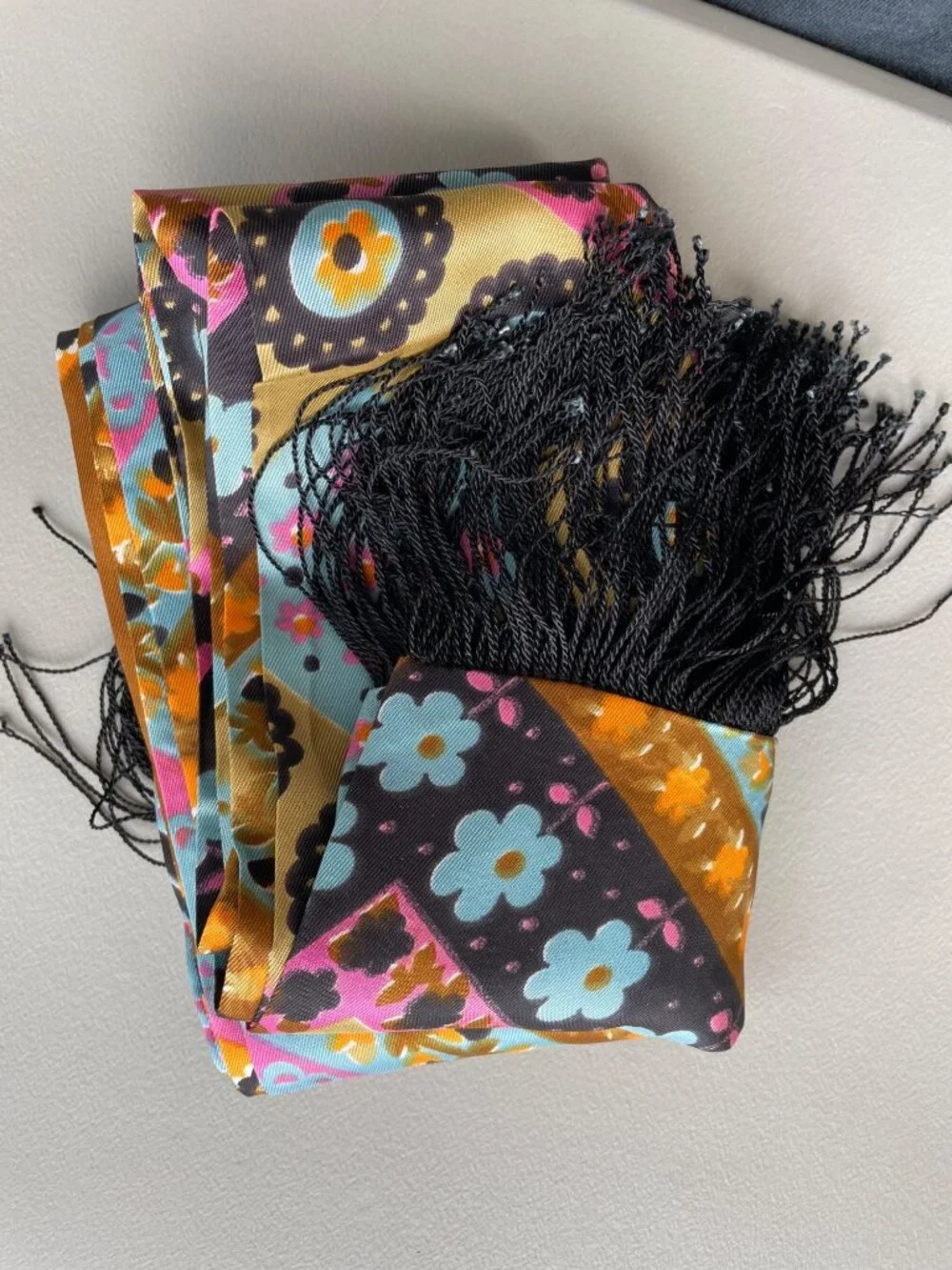 Vintage Floral Silk Scarf Black Fringe Trim Multicolor Neck Wrap Boho Festival